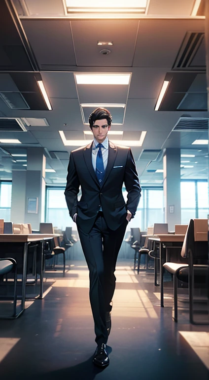 A mature, handsome businessman with short gray-black hair, blue eyes, and flawless skin, wearing a suit and tie, standing in an office setting with cinematic lighting, an HDR image with a masterpiece-level of realism and detail.