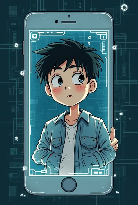 Draw an illustration of a young male high school student trapped inside a cell phone where AI is puzzled and sweaty and doesnt know what to do