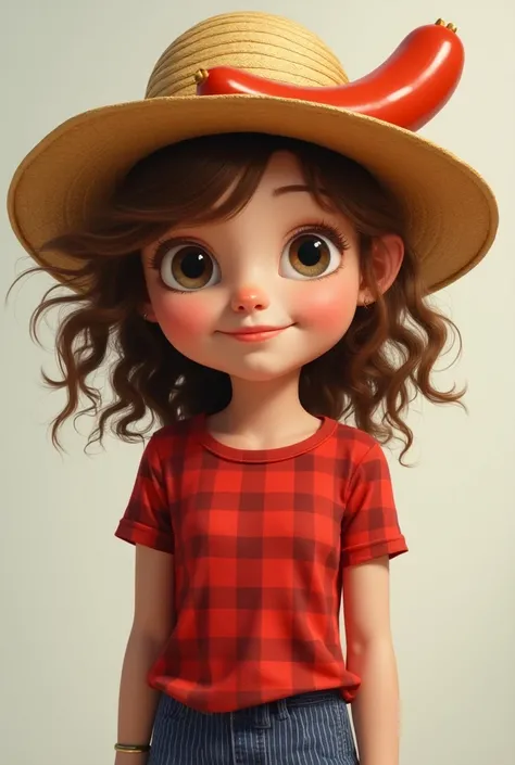 Chat create an image of a person wearing a straw hat with sausage, red plaid t-shirt ,  clear eyes,  light skin and striped jeans 