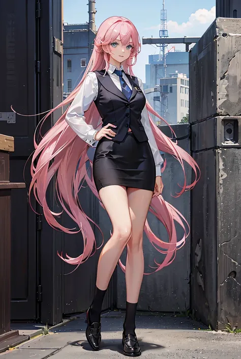 Beautiful,long pink hair, light blue eyes, (wear a white shirt,dark blue tie,black vest,short black pencil skirt,black loafers shoes). standing and smiling.