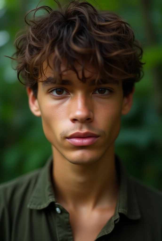 A cool young man with light brown ,  masculine hair and tanned skin and feline brown eyes.  The fringe is the bulk of the hair ,  slightly clearer . As roupas verdes são  transgressor as e futuristas. The eyes question the world . Hes in the Amazon. Hes 19...