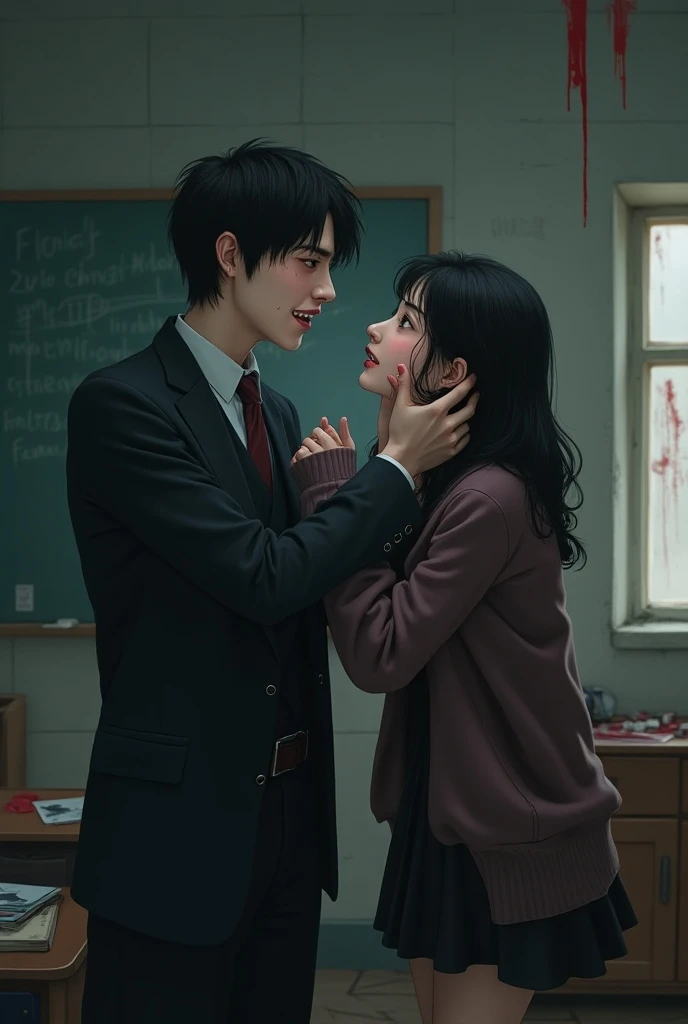  Vampire disguised as a Korean-faced student ,  cynical smile ,  holds the face of a frightened looking Korean-faced sorority.  Their position facing each other ,  against a messy classroom background . Somewhat sombre atmosphere .  Blood stained male stud...