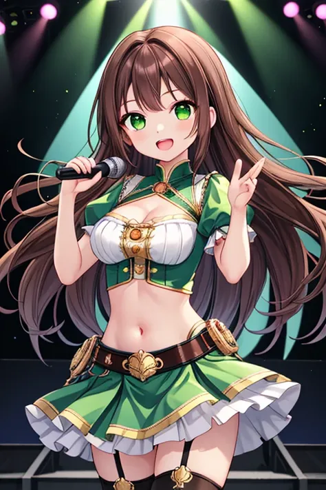 1girl, best quality, shiny skin, shiny clothes, idle costume, crop top, navel, midriff, short sleeves, frilled sleeves, large breasts, cleavage, long hair, brown hair, sidetail, green eyes, mini skirt, thighhighs, belt, holding microphone, groves, standing...