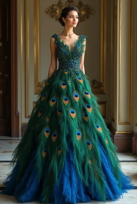 A long dress with peacock feathers