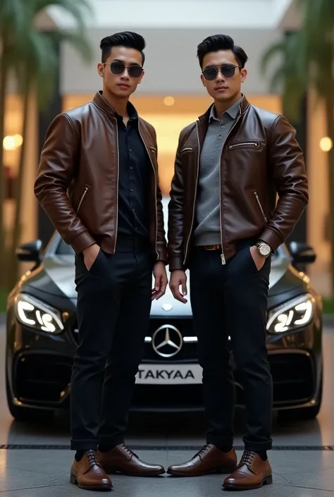 2 handsome men native to Indonesia 20 years old wearing luxury leather jacket long sleeves wear glasses over head luxury shoes luxury watches luxury hair neat hair middle hemisphere standing in front of luxury car overseas mall background 