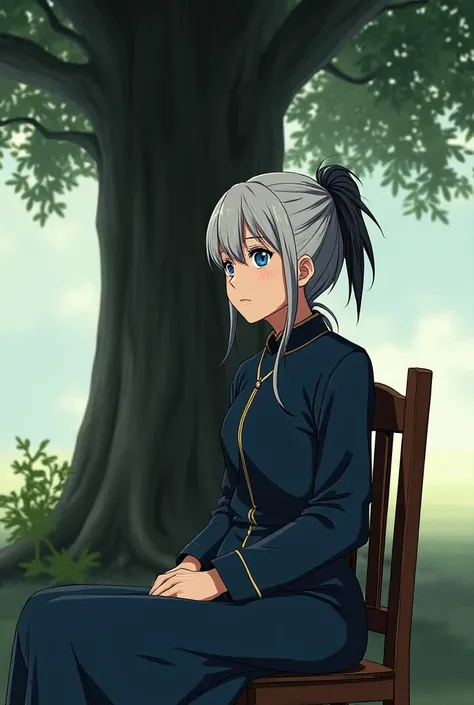 A Accurate female Old Age Anime Character With Mixed Black And White colour hair and with blue colour eyes and sitting on a chair under a tree 