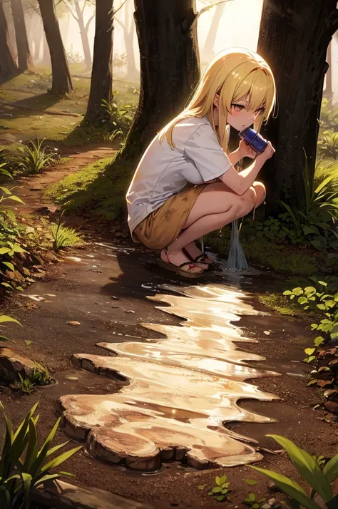 Feral blonde human-form kitsune woman, muddy, dirty, marking her territory, night, crouched, dirty clothes, forest, spraying