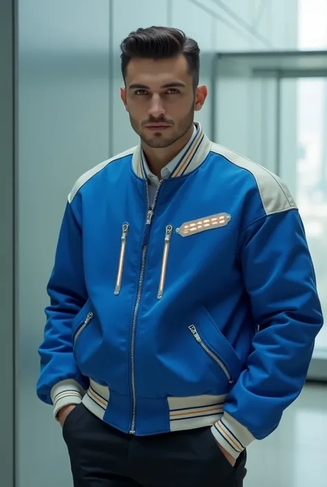 A 2025 promotion jacket
Type: bomber jacket
Without a hat
With royal blue and cream color 