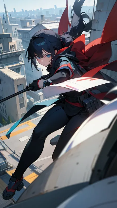 High Resolution, 1anime girl, wearing anime ninja outfit while holding a sniper on roof of the building 