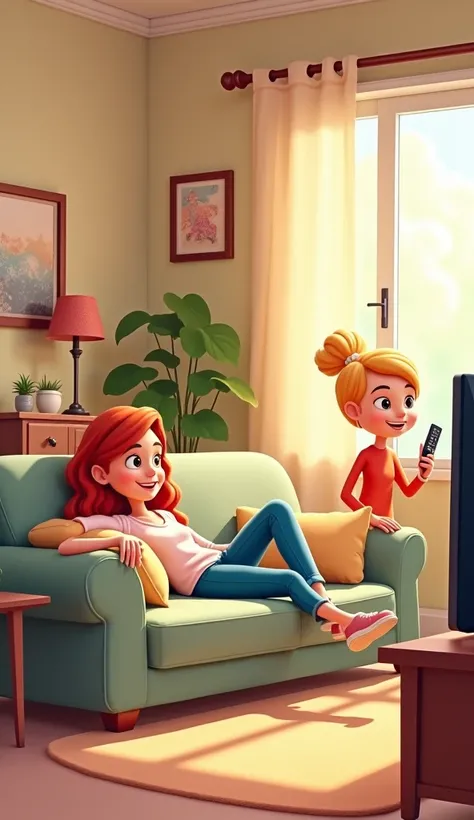  Funny cartoon woman is lying on the couch in the room, Virkah holds the TV remote , cheerful