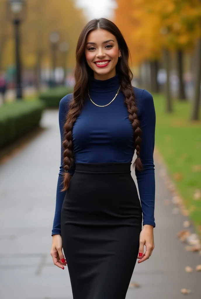 beautiful fit athletic tanned European woman, age 23, navy blue turtle neck top, black square neck sheath dress, standing on a busy park, very long length brunette plaited hair, full body view, hourglass figure, red lipstick, red nail polish, cheerful, smi...