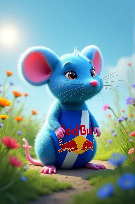 "A small, vibrant blue mouse, with its body covered in the iconic Red Bull logo and bold lettering. The mouses sleek, blue fur glows softly, and the Red Bull logo is prominently displayed across its body. Its large ears are perked up, and its bright eyes l...