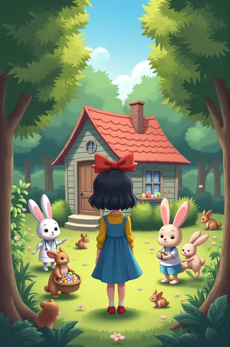   a small house hidden in the trees  . ,   She was having a backyard party  ,  had a medical colleague ,  a rabbit full of Easter eggs  ,  a gardening rabbit  , a dancing rabbit ,   a rabbit with a book in its hand  ,  and a  with short wavy black hair wea...