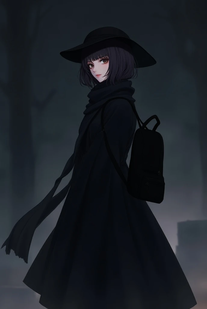 Anime Girl Wearing Black Mask Wearing Black Long Dress Wearing Black Hat Wearing Black Scarf Wearing Black Backpack 