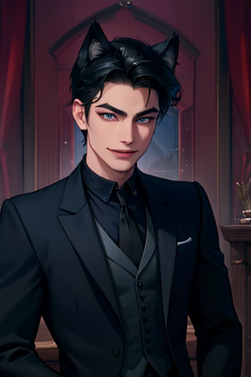 Perfect face. Perfect hands. A black haired man with blue eyes and navy wolf ears and a navy wolf tail in a Gothic suit is smiling in a Gothic ballroom
