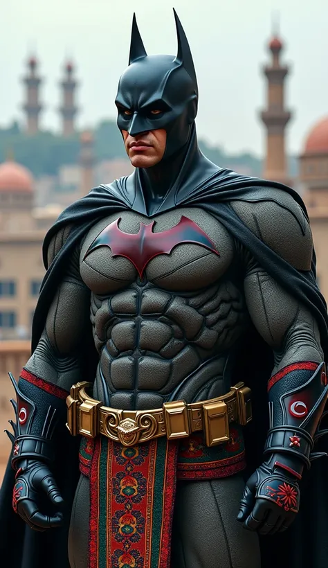 "Imagine Batman dressed in an outfit inspired by Azerbaijani culture, with a color palette of deep blue, red, and green, reflecting the colors of the Azerbaijani flag. His armor features intricate patterns inspired by Azerbaijani carpet designs, with geome...