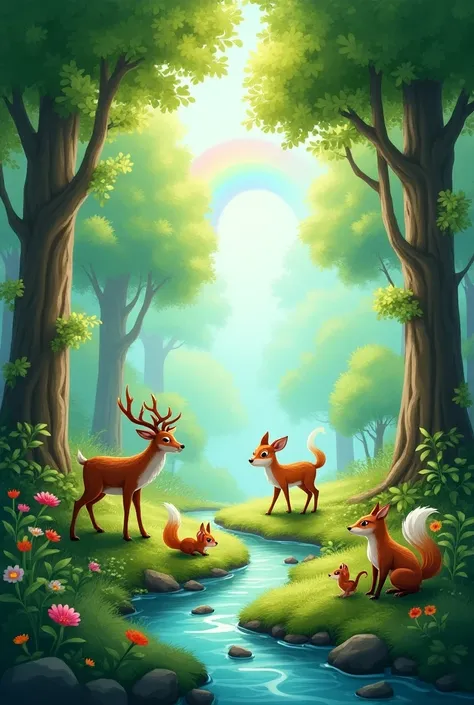 A forest with animals and a beautiful scenary ish
