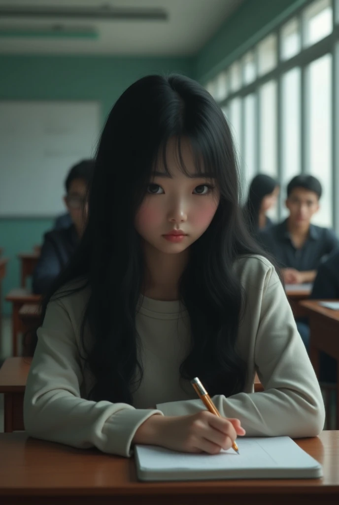 Do the same realistic 22-year-old Asian girl sitting in class at her New York University sad and thoughtful 
