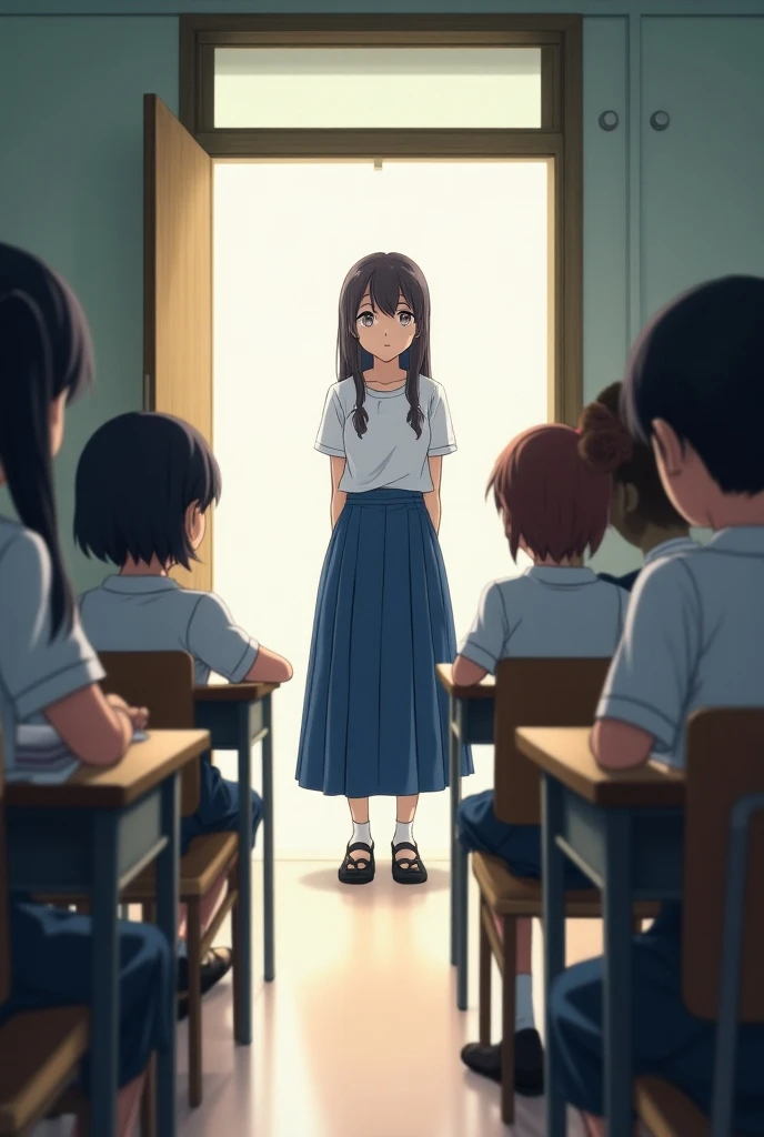 Anime students pay attention to their classmate standing at the corner classroom door wearing a long blue skirt. She talks seriously and looks at them to lead them to something