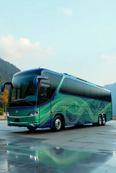 create a vip ac toursit bus in blue and green color texture design line pictures drawn in its outer body all angle side video