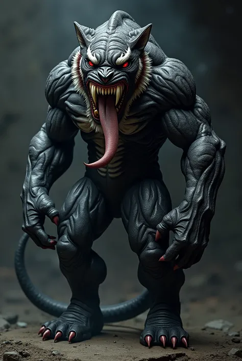 Make a monsterous hybrid breed of tiger and venom with a muscular body as a tigers head and the body of venom looks dangerous in black venom body texture,full body review,dark background,long tounge,and venom teeth