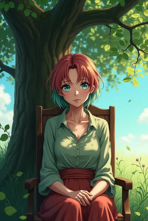 A Accurate female Old Age Anime Character With Mixed Red And Green colour hair and with blue colour eyes and sitting on a chair under a tree 