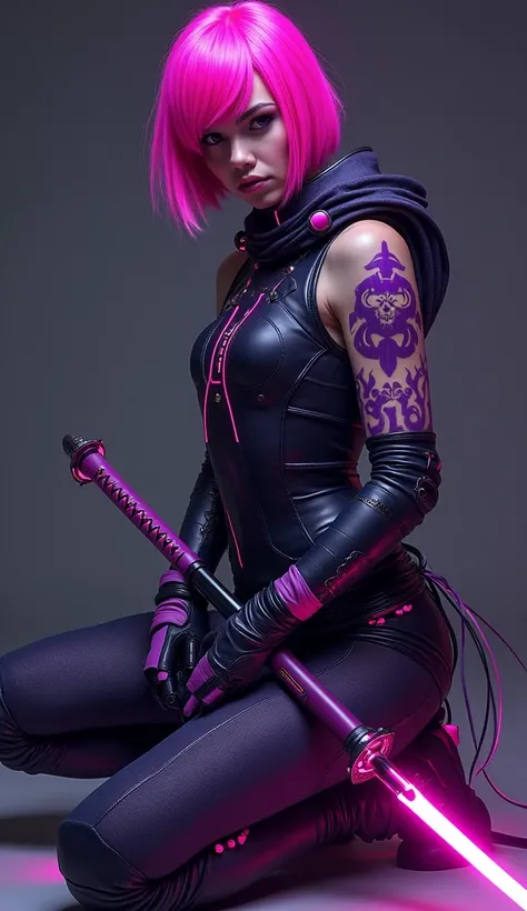 " A futuristic cyberpunk-style warrior kneeling ,  with short, straight hair in bright pink and purple , serious and intense look .  She wears tight armor in dark tones ,  with details in purple and neon pink ,  that highlights her figure .  Her arm has a ...