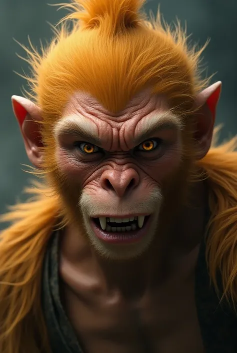 "Portrait of Sun Wukong ,  the Monkey King from Chinese mythology ,  with an expression of intense anger .  He shows his fierce look ,  with furrowed eyebrows and slightly exposed teeth ,  revealing his impetuosity .  His skin has warm tones ,  contrasting...