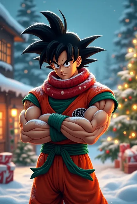 Goku with Christmas background and Christmas outfits 