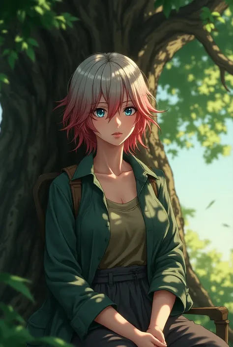 A Accurate female Old Age Anime Character With Mixed Red And Green colour hair and with blue colour eyes and sitting on a chair under a tree 