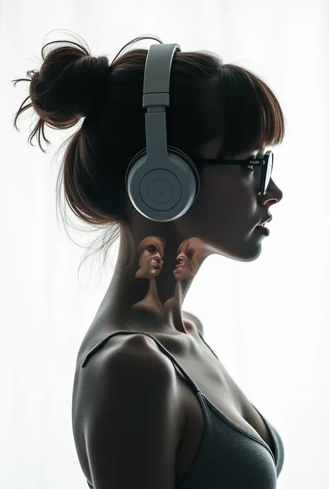 silhouette of a teen babe in profile.(messy bun:1.3), blunt bangs, glasses:1.3, headphones:1.3, Inside the silhouette you can see the double exposure with a nude girl, dildo, orgasm, masterpiece, ((double exposure)), proportional.,DOUBLE EXPOSURE

