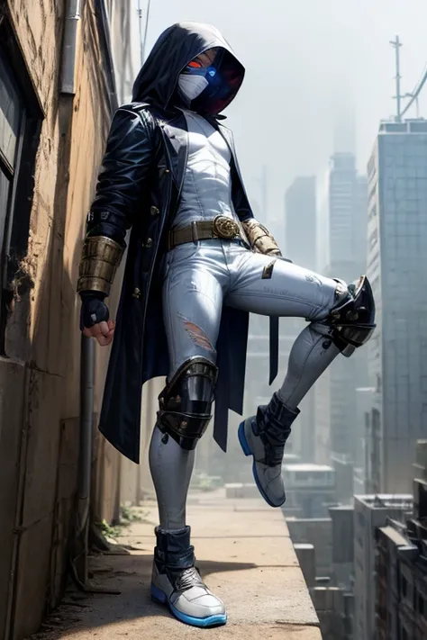 ((best quality)), ((masterpiece)), (detailed), 1 boy in trench coat sitting on a building, full body, 19 years old, masked, white mask covering his entire head and hair, dirty mask, black protective glasses, blue eyes, black face mask, no hair, tall and ma...