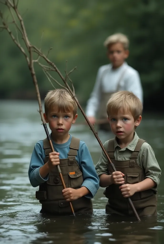  a photograph of these two boys ,  fishing in a river both , Both children have a scared face  ,  and in the image you can see the face of a baker dressed in white.