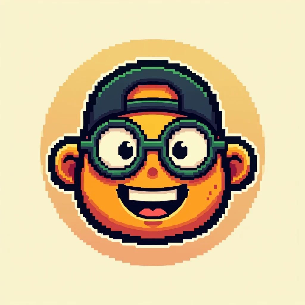 A pixel art logo of a character with a round, orange face and a green outline. The character wears a backward black baseball cap and has round, black-framed glasses reminiscent of Harry Potter. Designed in an 8-bit, retro pixel style with blocky pixels and...