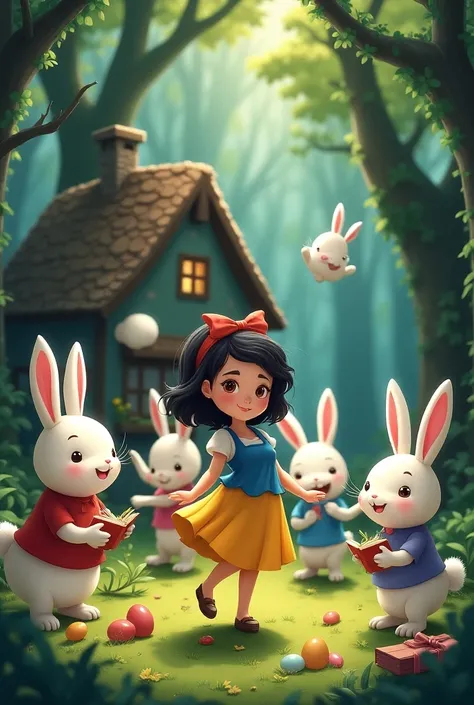   a small house hidden in the trees  . ,    she was having a big party in the backyard  , There was a medical rabbit ,  a rabbit full of Easter eggs  ,  a gardening rabbit  , a dancing rabbit ,   a rabbit with a book in its hand  ,  and a  with short wavy ...