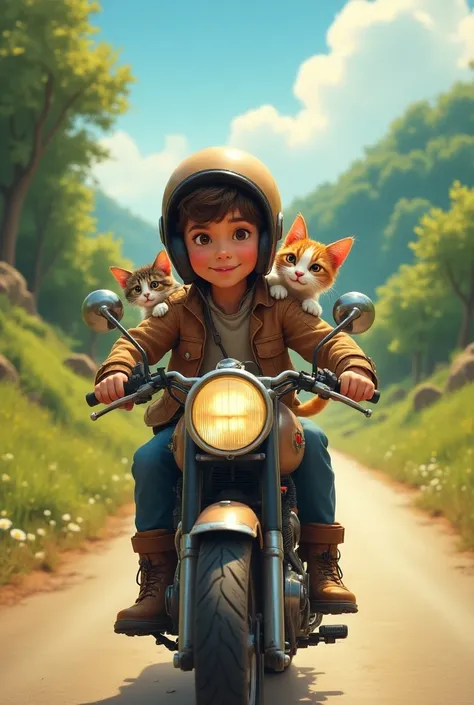 A boy goes out on a motorcycle with 2 cats