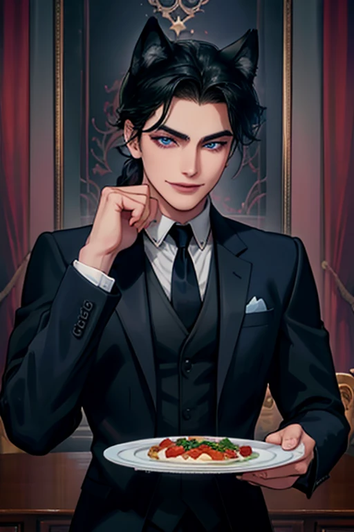 Perfect face. Perfect hands. A black haired man with blue eyes and navy wolf ears and a navy wolf tail in a Gothic suit is smiling while making a plate of food in a Gothic ballroom