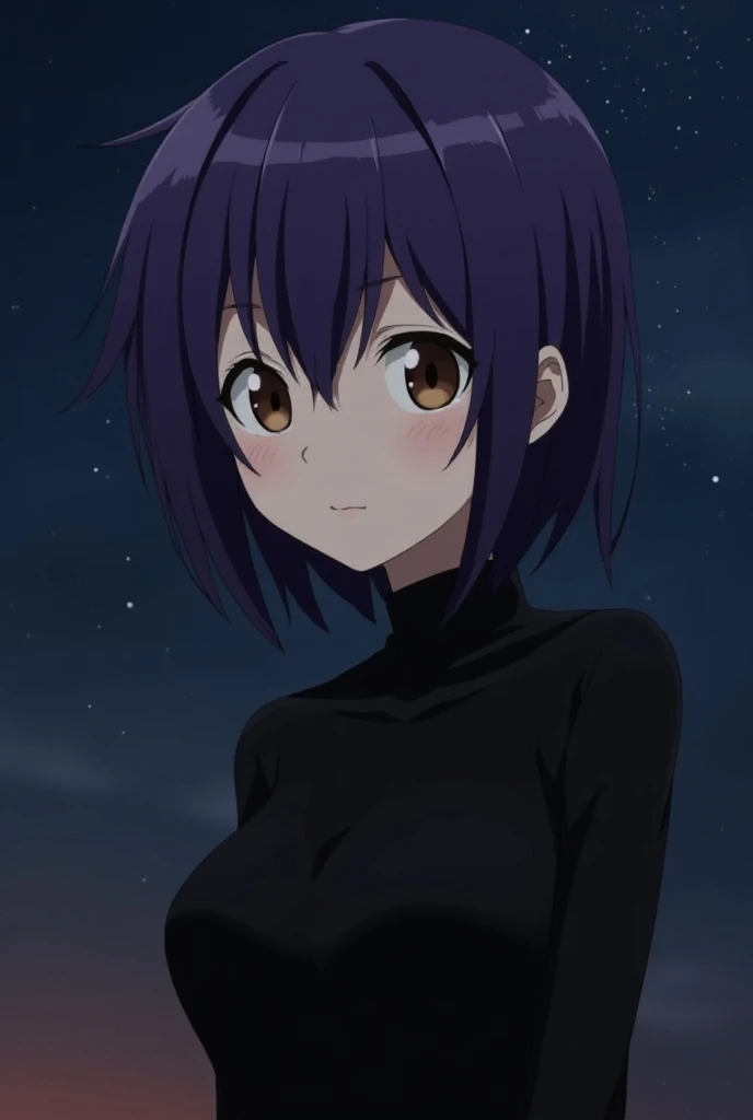 1girl, female gojo satoru, anime screencap from jujutsu kaisen, gojo satoru female version, solo, short_hair, ((Brown eyes)) ((Purple_hair, hair is medium))((hime cut hair)) , night view, (Small breasts) upper_body, smile, Outside, lips, (Short hair) ((wea...