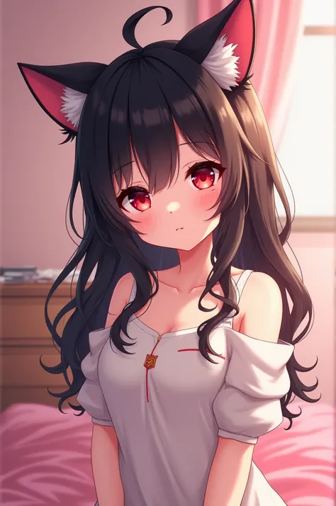 anime girl neko cats ears eye red cute hair black background bedroom pink