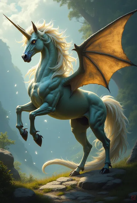 Image a hybrid animal  combination of  unicorn and dragon in wild 