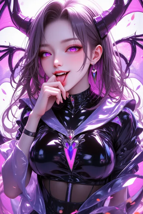 1 mature and seductive woman,(Best Quality, Extremely Detailed Description , unbelievably absurd high definition, Sharp Teeth Like a Beast ,High quality anime drawings:2.0),(Bewitching Succubus:2.3,Queen),(shiny succubus costume,latex, Upscale Accessories ...