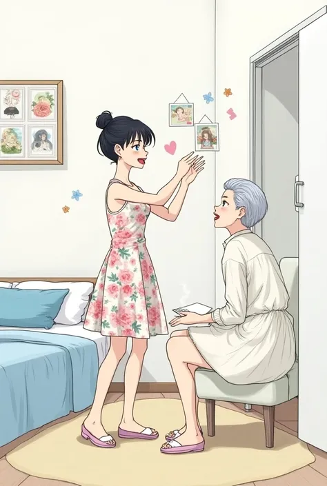 In manga style.  A woman is in her bedroom ,  decorating its wall , she was very happy, She is white,  has a bun ,  dark hair and is wearing a flowery dress . The bedroom wall is white,  she was placing pictures on the wall ,  her single bed has pillows an...