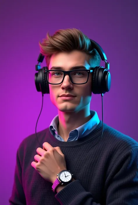 Short-cropped guy is brown-haired, wearing glasses and a shirt and sweater. Hes got gamer headphones on his head.  Hes got a watch on his right hand. On a purple background 