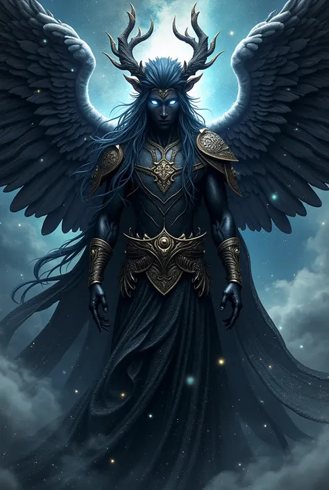 Haikokumin is a majestic figure with angelic features and is totally black with stars , an ancient god ,  his body wrapped in a luminous aura that radiates knowledge and power. He has eyes that change color according to your emotion ,  reflecting the depth...