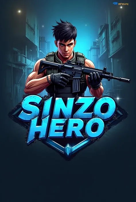 Creat a gaming logo, character of freefire game and the boy holding  ump and have name in bold letters "Sinzo Hero" in blue colour mixed with the character


