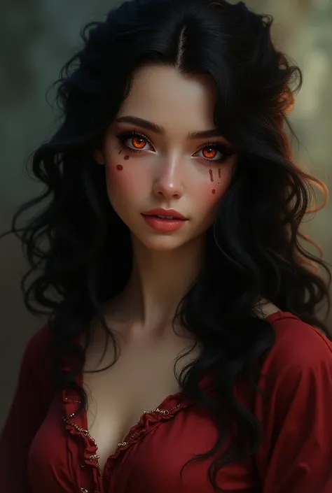  Create an ultra realistic image of a fictional character from my book .  She has curly wavy hair , In the color dark black,  with the tips of a fire-colored pigmentation .  On her right cheek there are three tiny pitas .  With a female pirate outfit . Eye...