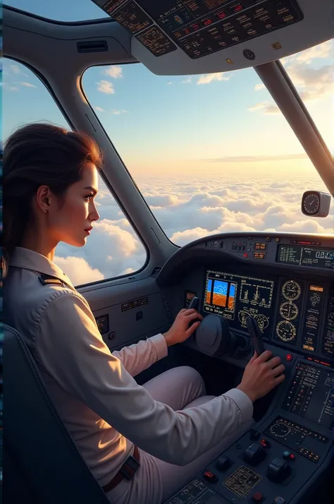 A scene of Riya in the cockpit of a plane, her hands on the controls, with a breathtaking view of clouds through the window. Realistic.