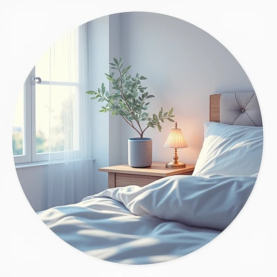 A cozy bedroom scene featuring a smart speaker resembling an Alexa device placed on a wooden bedside table. The room is softly lit by natural light streaming through a nearby window, casting warm, diffused light over the speaker and table. The walls are li...