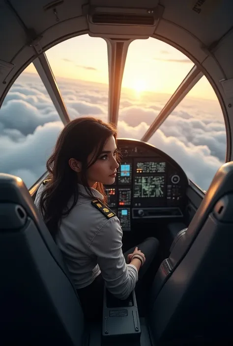 A scene of Riya in the cockpit of a plane, her hands on the controls, with a breathtaking view of clouds through the window. Realistic.