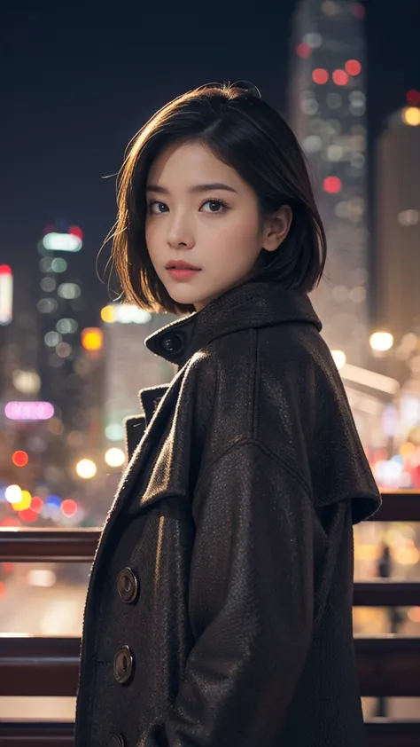 Alone,  focus your gaze  ,    high resolution on down  , masterpiece,    anatomically accurate ,  Best Quality,   ((woman)),  very detailed,  Ultra-fine,  woman、 short hair parted to the center、   cowboy shot ,  Christmas、 The background is a cityscape wit...